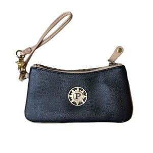 Parazul Wristlet Black with Tan. Gold Hardware Blue interior